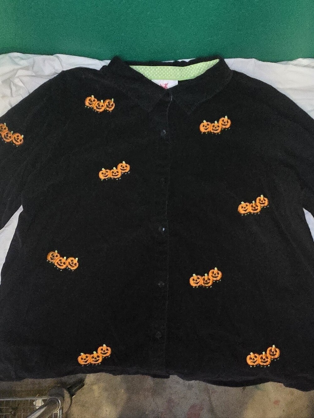Quacker Factory Black Corduroy Long Sleeve Button-Up  Pumpkin Halloween Fall